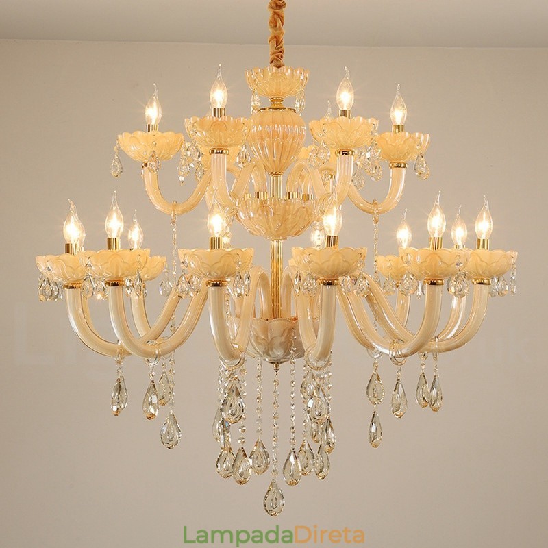 Lustre de cristal luxuoso com 18 (12+6) luzes e velas de champanhe