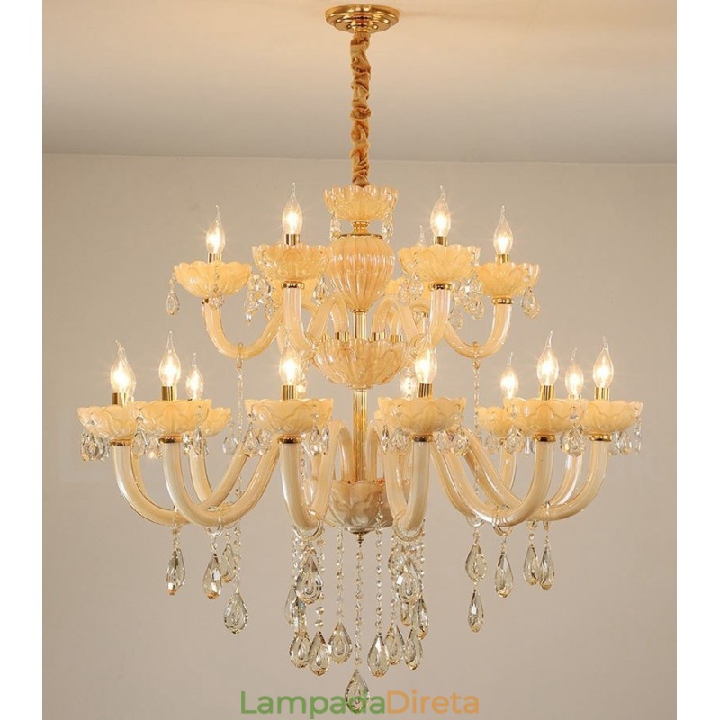 Lustre de cristal luxuoso com 18 (12+6) luzes e velas de champanhe