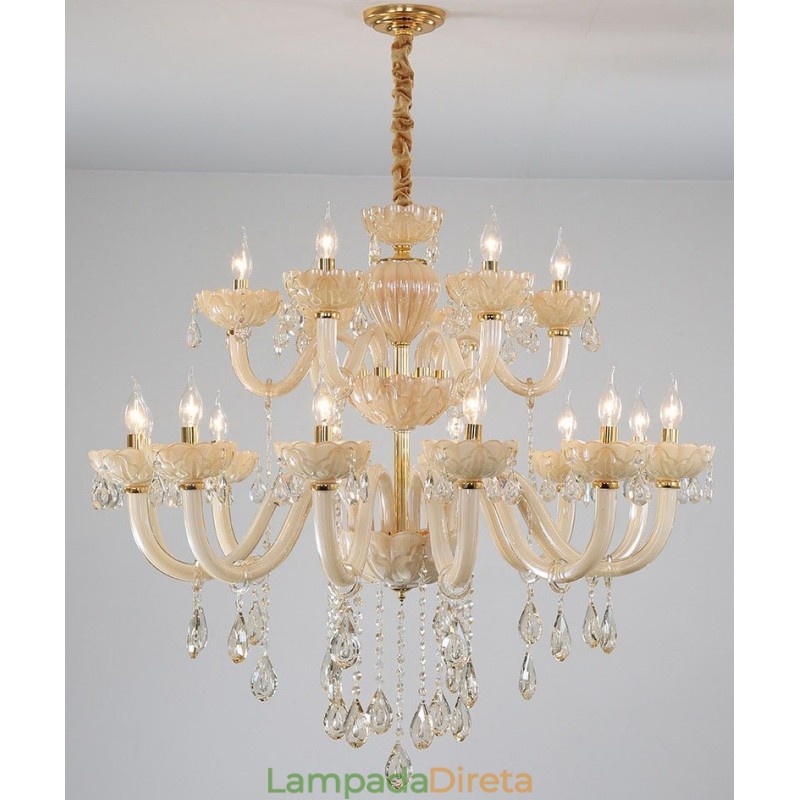 Lustre de cristal luxuoso com 18 (12+6) luzes e velas de champanhe