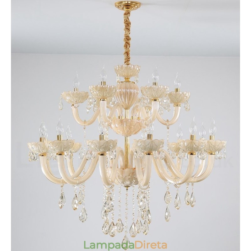 Lustre de cristal luxuoso com 18 (12+6) luzes e velas de champanhe