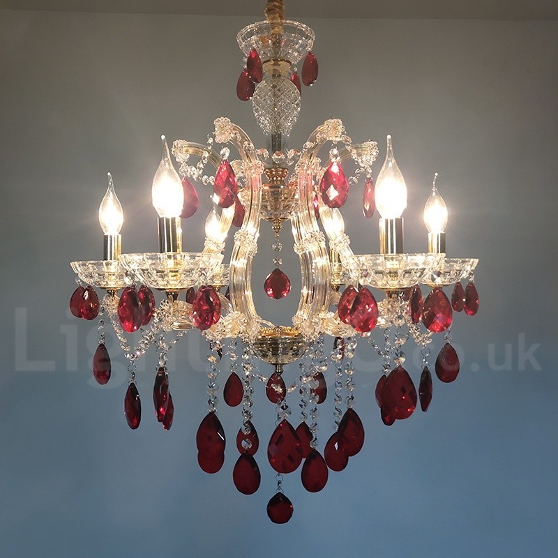 Lustre de vela dourada de 6 luzes com cristal vermelho