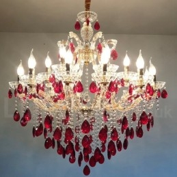18 (12+6) Lustre de Cristal Vermelho Luxuoso com Velas Douradas