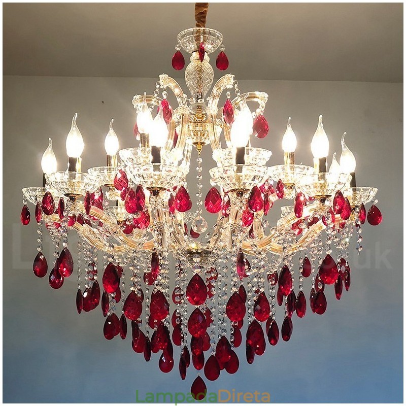 18 (12+6) Lustre de Cristal Vermelho Luxuoso com Velas Douradas