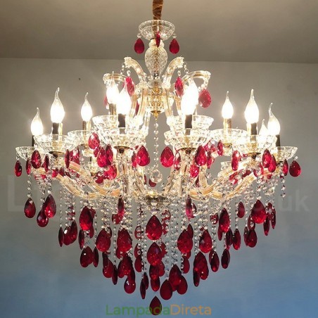 18 (12+6) Lustre de Cristal Vermelho Luxuoso com Velas Douradas 18 (12+6) Lustre de Cristal Vermelho Luxuoso com Velas Douradas