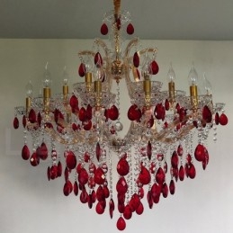 18 (12+6) Lustre de Cristal Vermelho Luxuoso com Velas Douradas