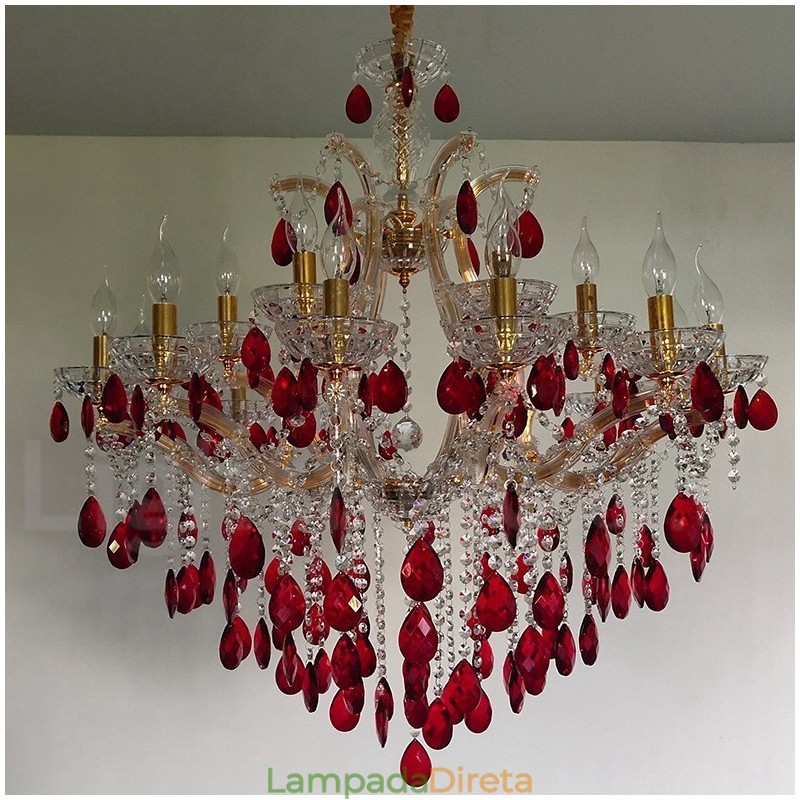 18 (12+6) Lustre de Cristal Vermelho Luxuoso com Velas Douradas