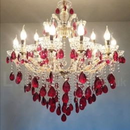 18 (12+6) Lustre de Cristal Vermelho Luxuoso com Velas Douradas