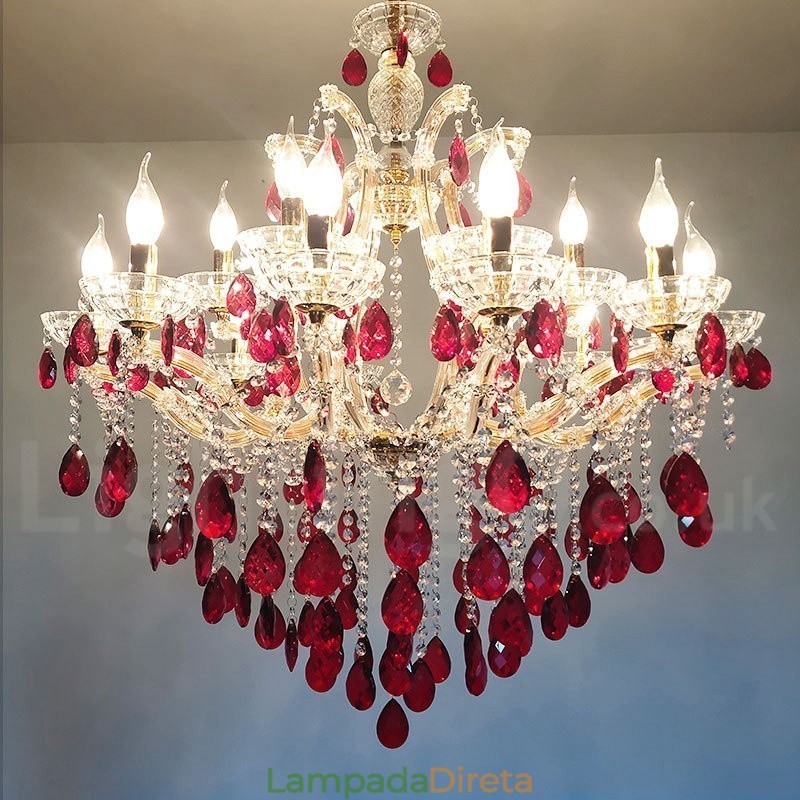 18 (12+6) Lustre de Cristal Vermelho Luxuoso com Velas Douradas