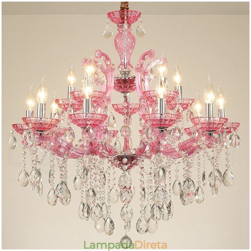 Lustre de cristal luxuoso com 18 (12+6) luzes multicores e cristal transparente