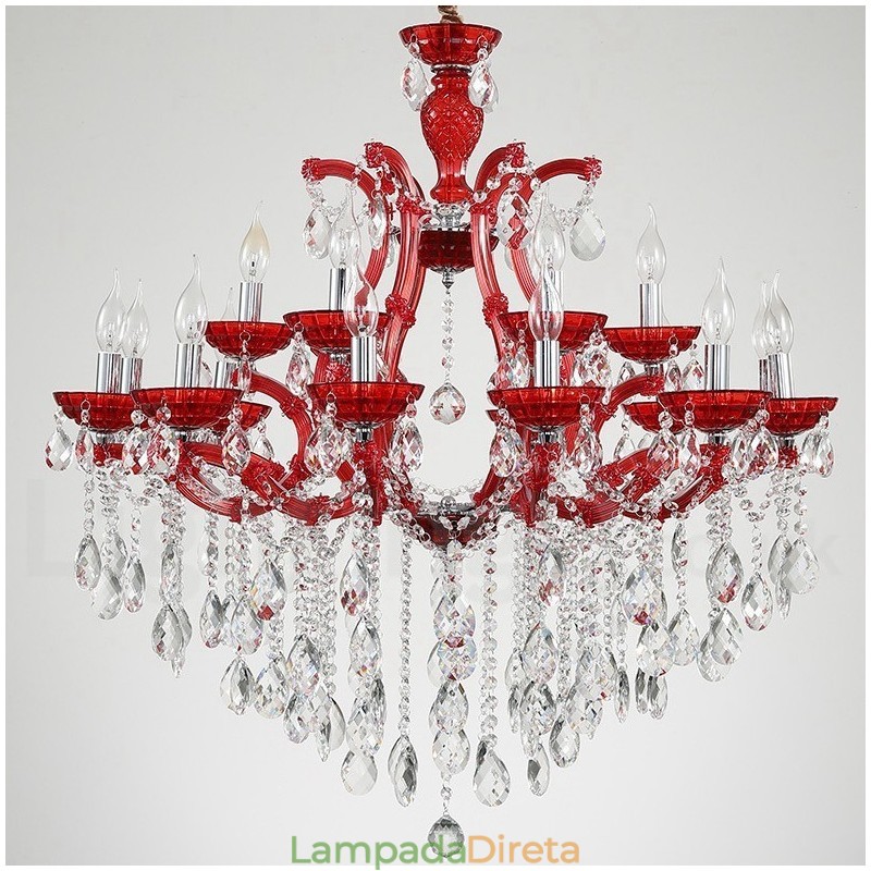 Lustre de cristal luxuoso com 18 (12+6) luzes multicores e cristal transparente