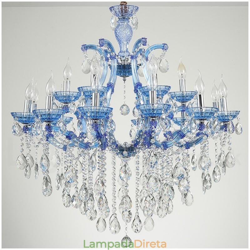 Lustre de cristal luxuoso com 18 (12+6) luzes multicores e cristal transparente