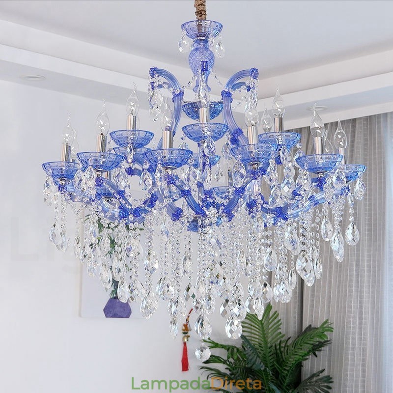 Lustre de cristal luxuoso com 18 (12+6) luzes multicores e cristal transparente