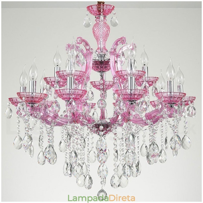 Lustre de cristal luxuoso com 18 (12+6) luzes multicores e cristal transparente