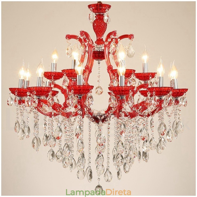 Lustre de cristal luxuoso com 18 (12+6) luzes multicores e cristal transparente