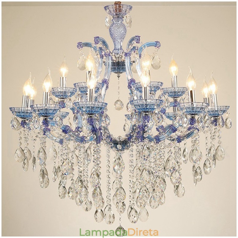 Lustre de cristal luxuoso com 18 (12+6) luzes multicores e cristal transparente