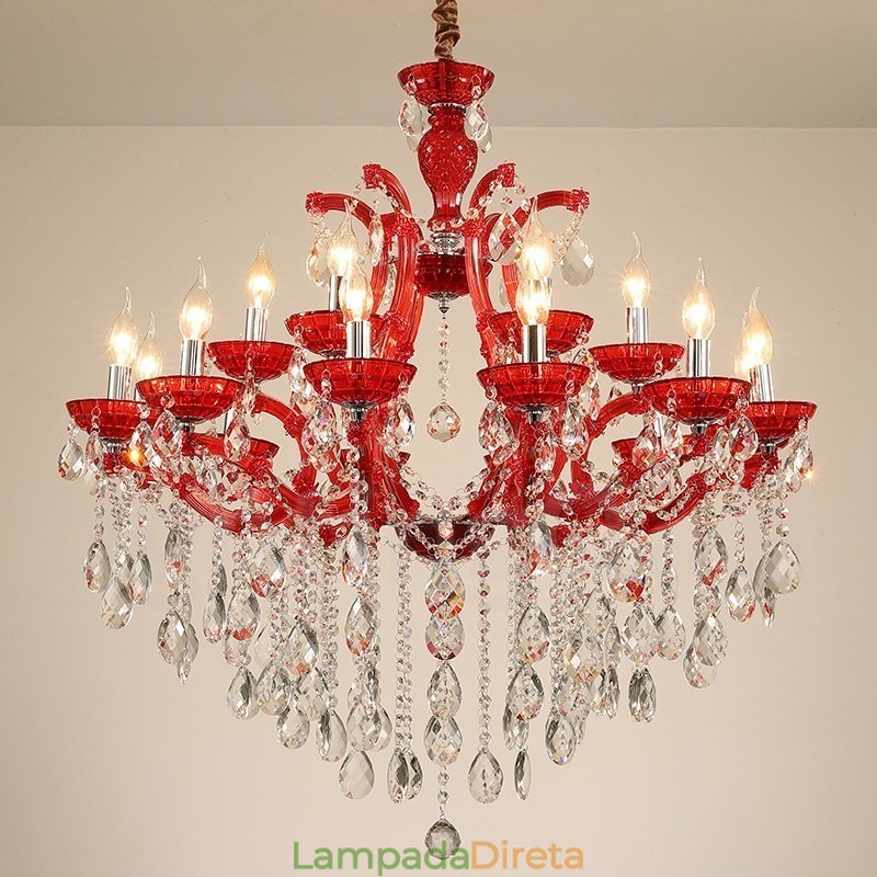 Lustre de cristal luxuoso com 18 (12+6) luzes multicores e cristal transparente