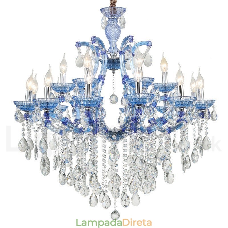 Lustre de cristal luxuoso com 18 (12+6) luzes multicores e cristal transparente