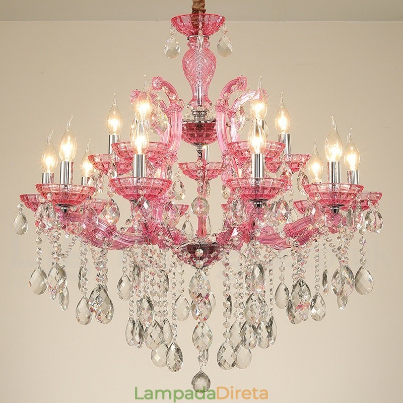 Lustre de cristal luxuoso com 18 (12+6) luzes multicores e cristal transparente
