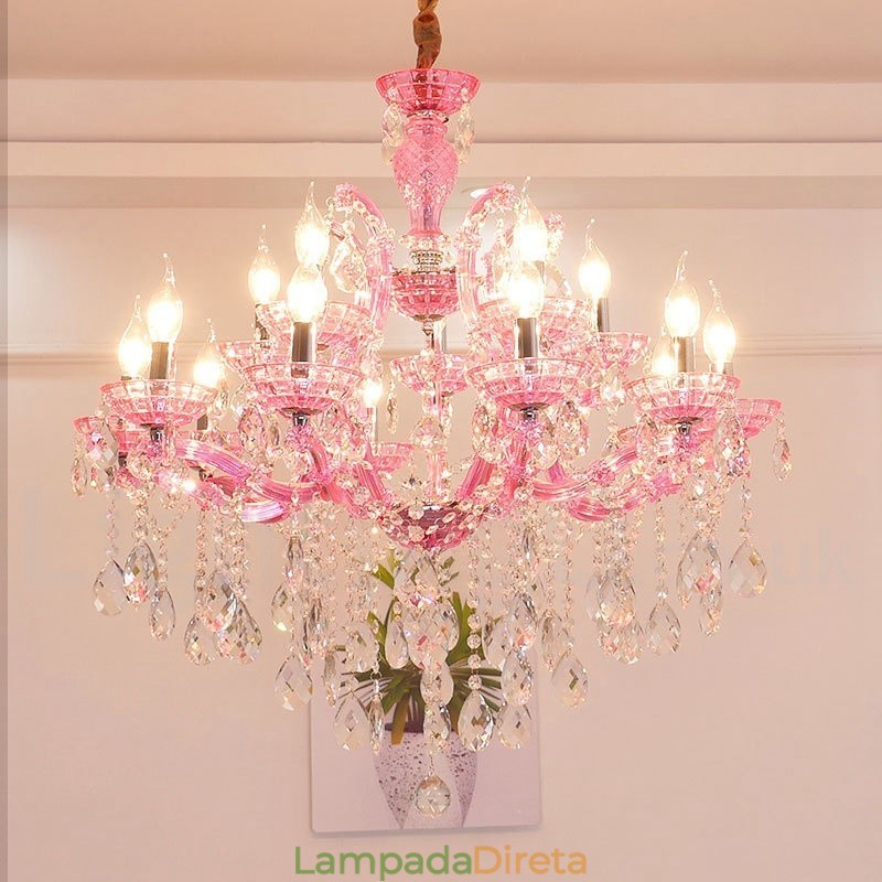 Lustre de cristal luxuoso com 18 (12+6) luzes multicores e cristal transparente