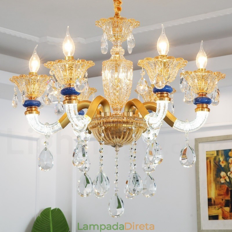 Lustre moderno contemporâneo de 6 luzes com vela de champanhe e cristal