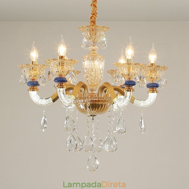 Lustre moderno contemporâneo de 6 luzes com vela de champanhe e cristal