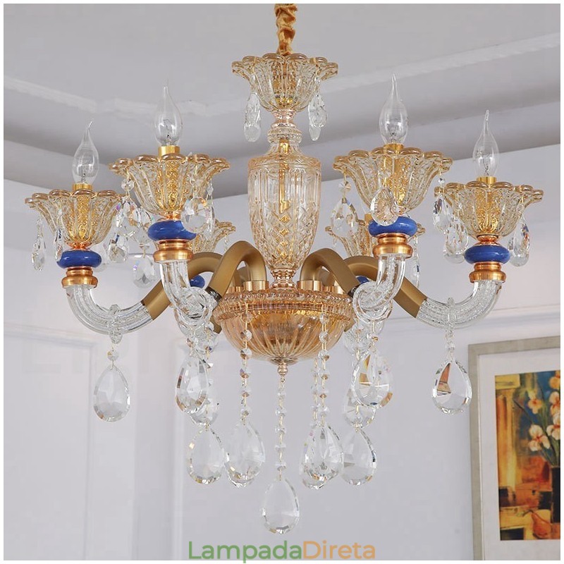 Lustre moderno contemporâneo de 6 luzes com vela de champanhe e cristal