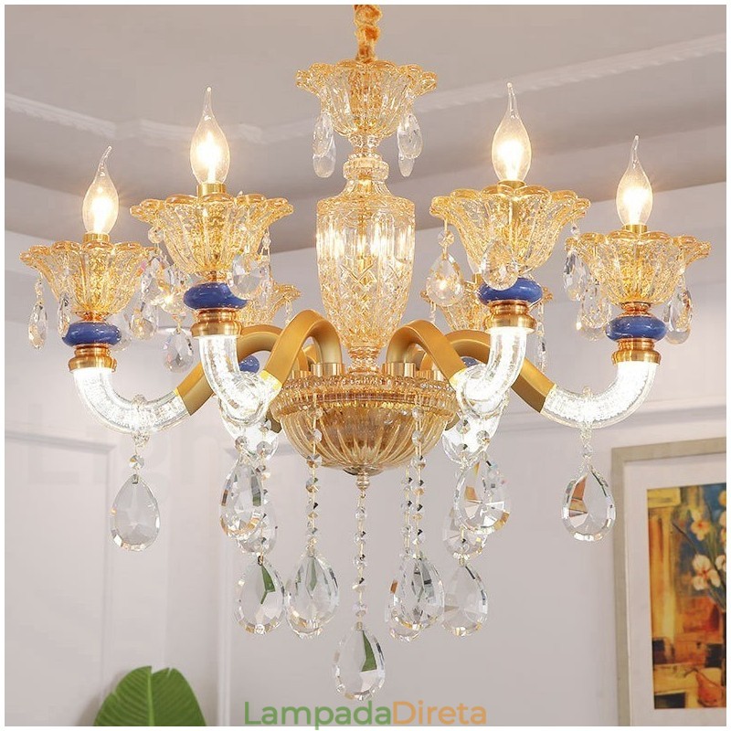 Lustre moderno contemporâneo de 6 luzes com vela de champanhe e cristal