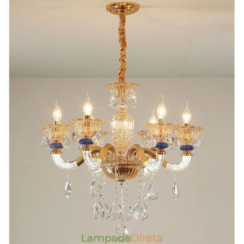 Lustre moderno contemporâneo de 6 luzes com vela de champanhe e cristal
