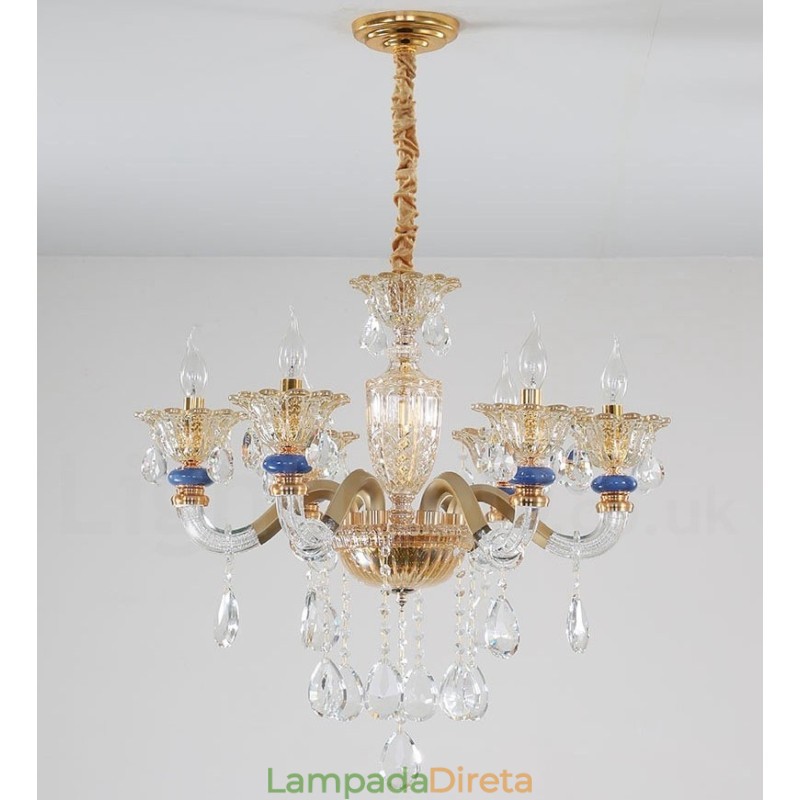 Lustre moderno contemporâneo de 6 luzes com vela de champanhe e cristal