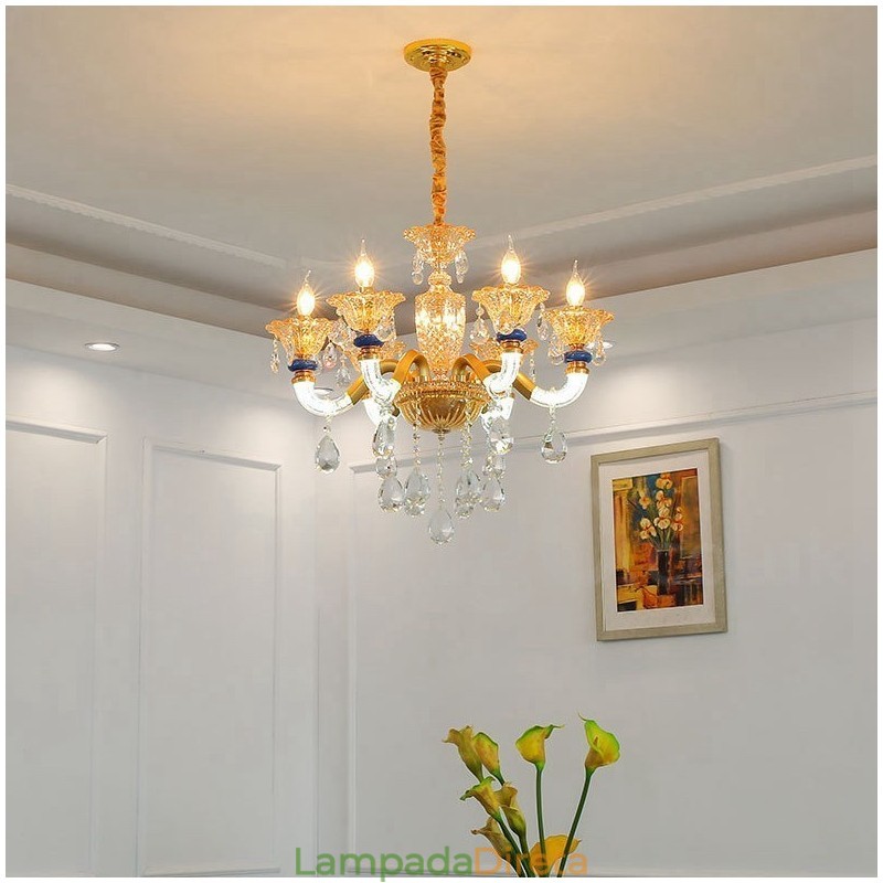 Lustre moderno contemporâneo de 6 luzes com vela de champanhe e cristal