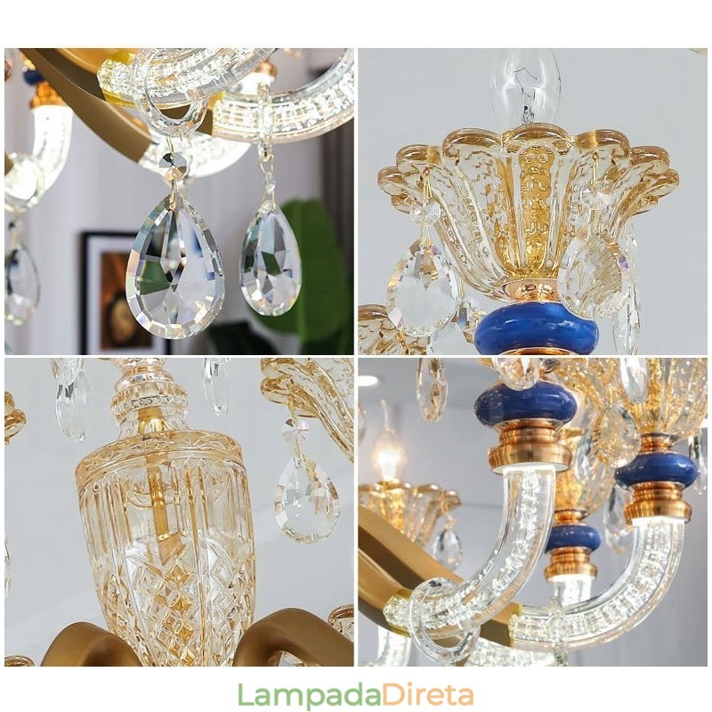 Lustre moderno contemporâneo de 6 luzes com vela de champanhe e cristal