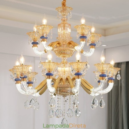 Lustre moderno contemporâneo de 15 (10+5) luzes com vela de champanhe e cristal