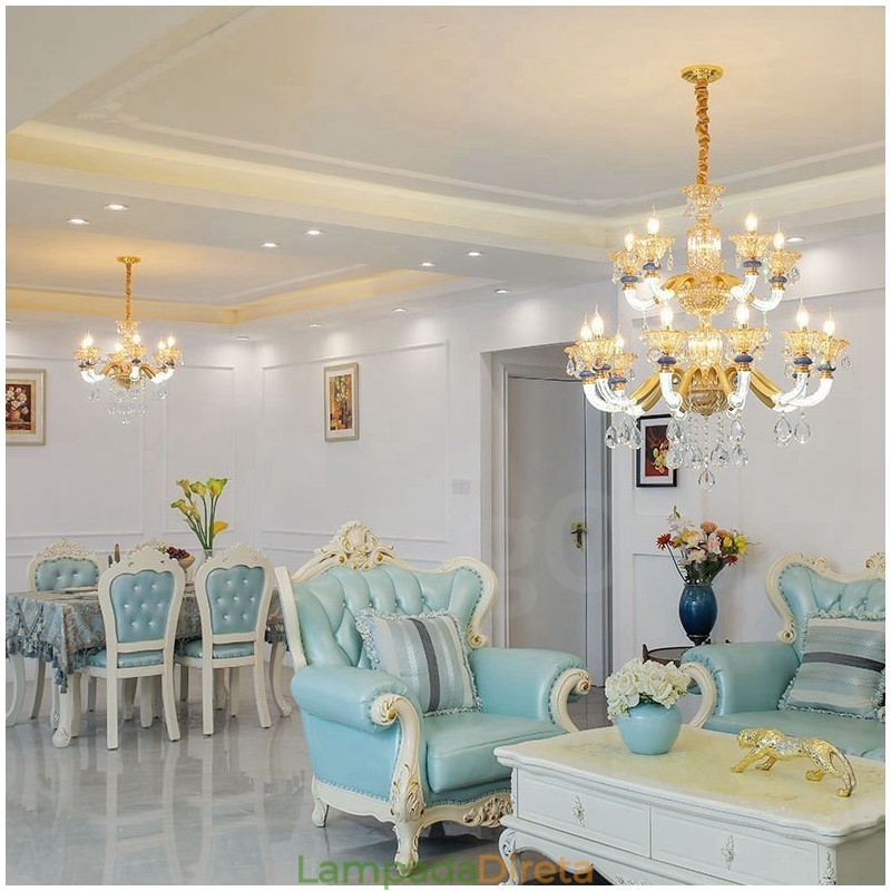 Lustre moderno contemporâneo de 15 (10+5) luzes com vela de champanhe e cristal