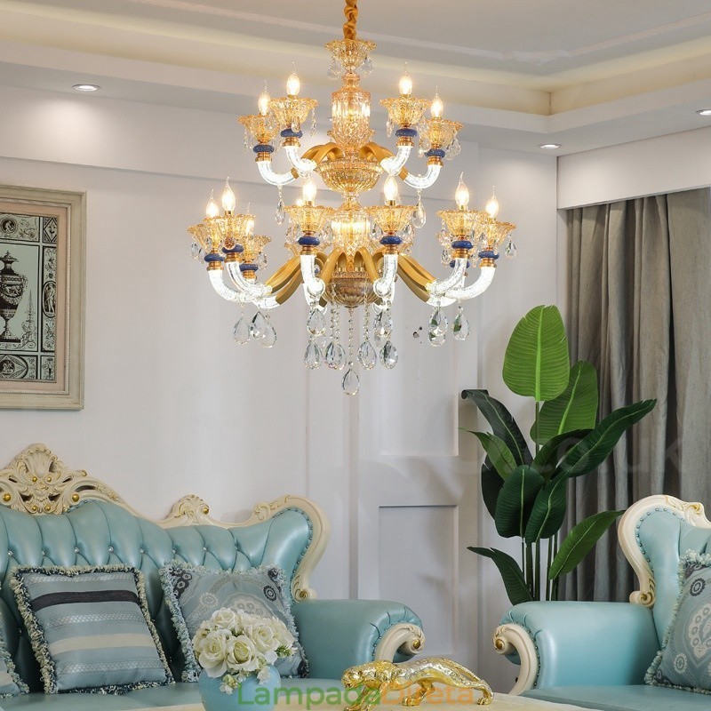 Lustre moderno contemporâneo de 15 (10+5) luzes com vela de champanhe e cristal