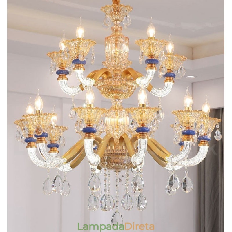 Lustre moderno contemporâneo de 15 (10+5) luzes com vela de champanhe e cristal