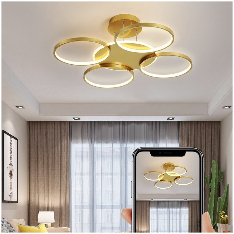 Lustre de teto circular estilo nórdico moderno e contemporâneo dourado com controle remoto também pode ser usado como luz de parede