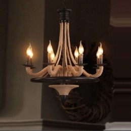 Lustre pendente de corda de cânhamo estilo industrial com 8 velas