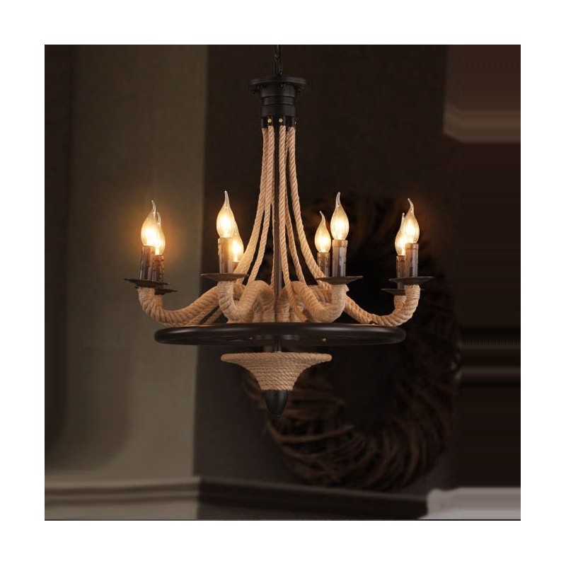 Lustre pendente de corda de cânhamo estilo industrial com 8 velas
