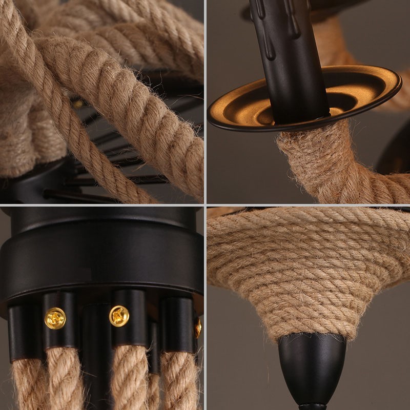 Lustre pendente de corda de cânhamo estilo industrial com 8 velas
