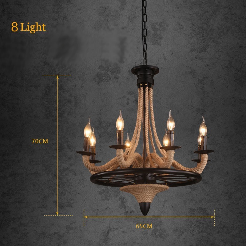 Lustre pendente de corda de cânhamo estilo industrial com 8 velas