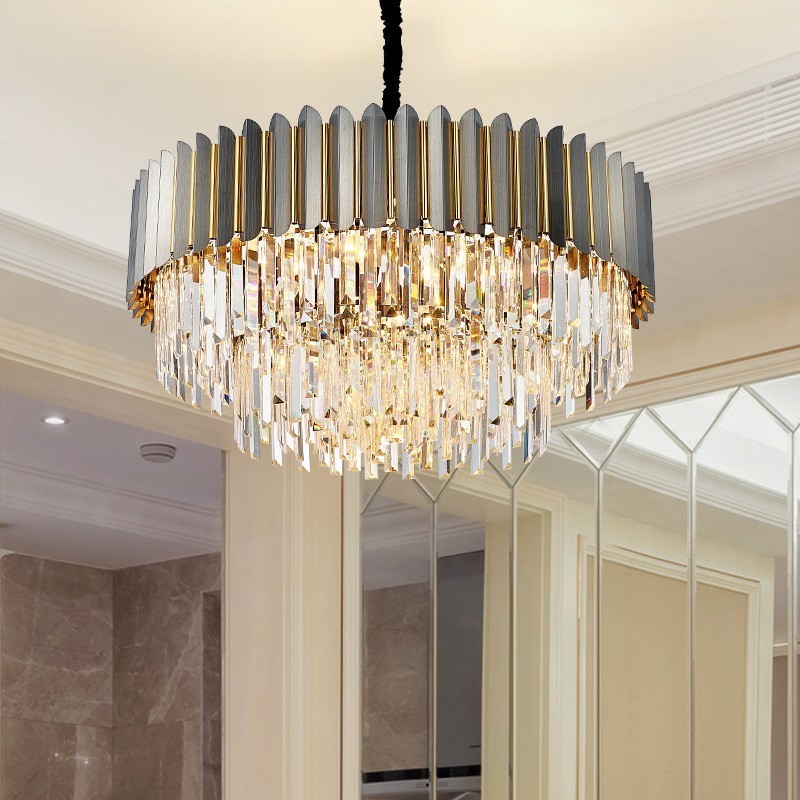 Lustre de pingente de cristal K9 redondo preto e dourado pós-moderno de luxo para salão de exposições