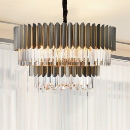 Lustre de pingente de cristal K9 redondo preto e dourado de luxo pós-moderno de dois níveis