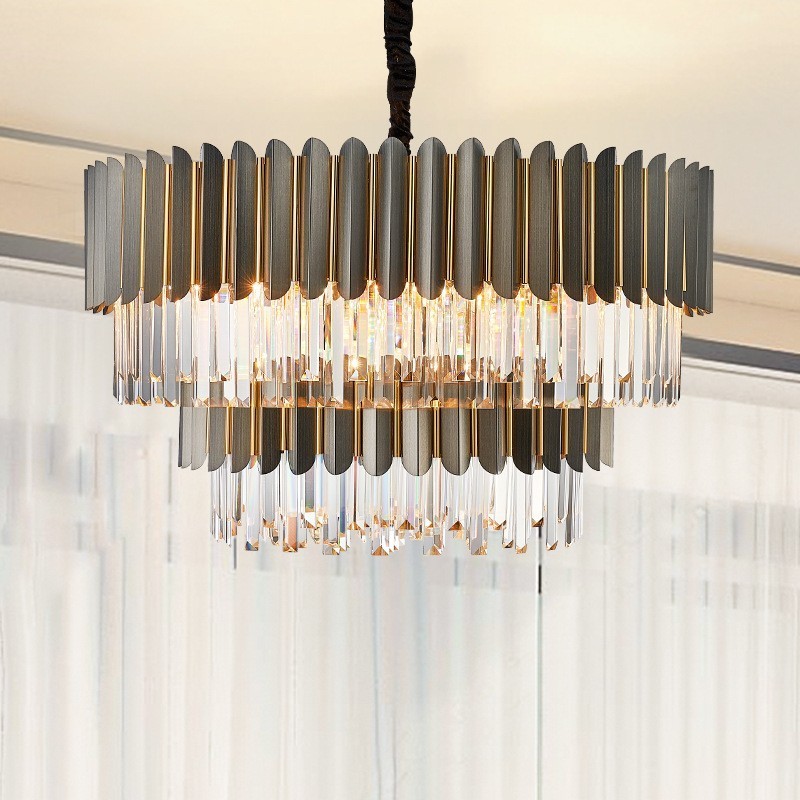 Lustre de pingente de cristal K9 redondo preto e dourado de luxo pós-moderno de dois níveis