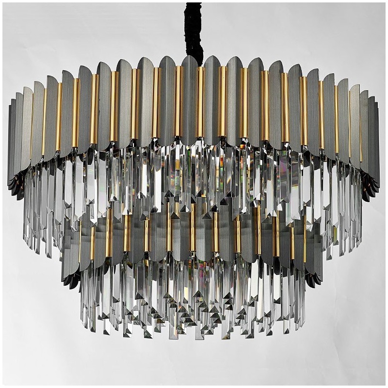 Lustre de pingente de cristal K9 redondo preto e dourado de luxo pós-moderno de dois níveis