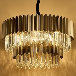 Lustre de pingente de cristal K9 redondo preto e dourado de luxo pós-moderno de dois níveis