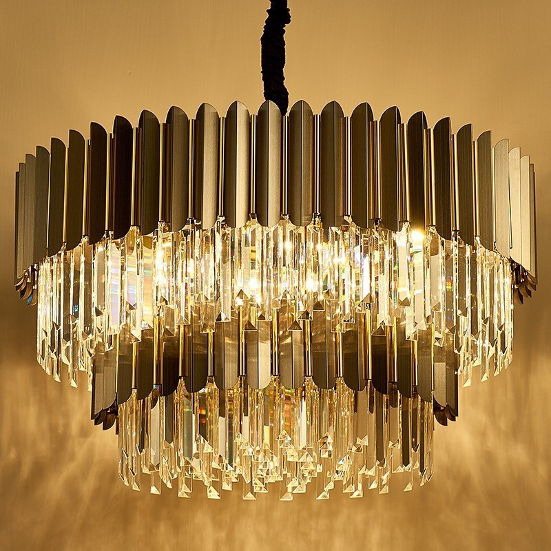 Lustre de pingente de cristal K9 redondo preto e dourado de luxo pós-moderno de dois níveis