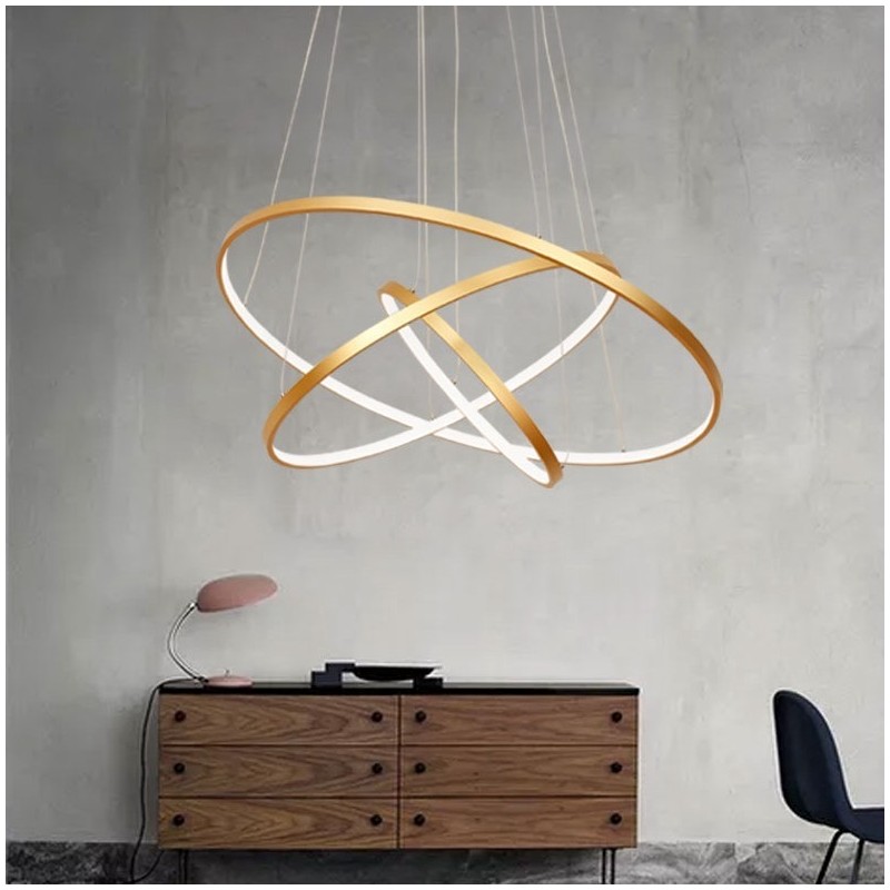 Luminária pendente regulável com controle remoto dourado design moderno três anéis