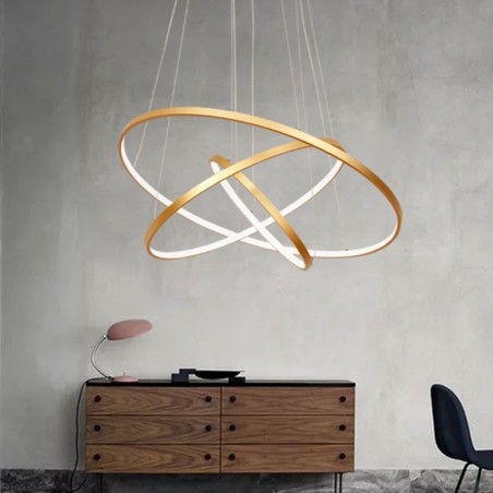 Luminária pendente regulável com controle remoto dourado design moderno três anéis Luminária pendente regulável com controle remoto dourado design moderno três anéis