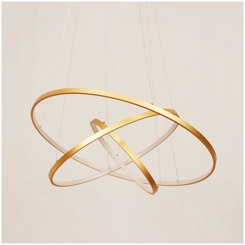 Luminária pendente regulável com controle remoto dourado design moderno três anéis