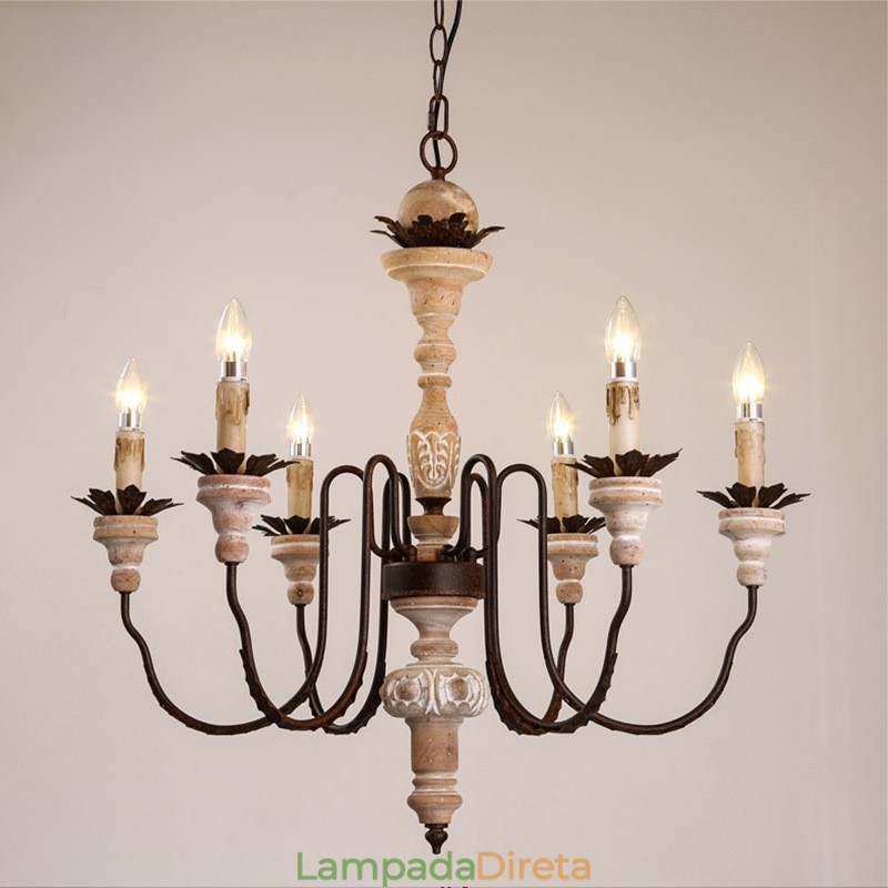 Lustre de madeira vintage country com 6 luzes